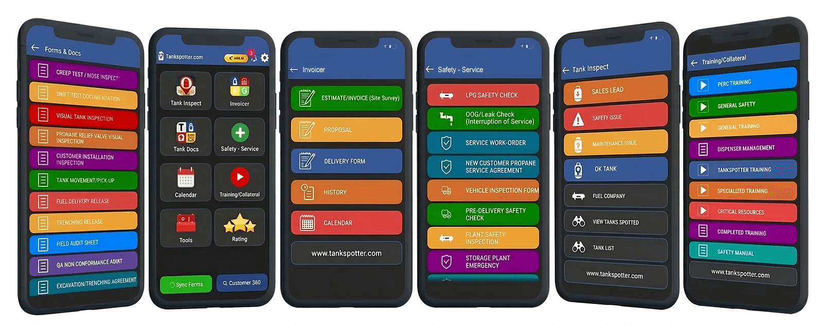 TankSpotter app shown across phone and tablet screens