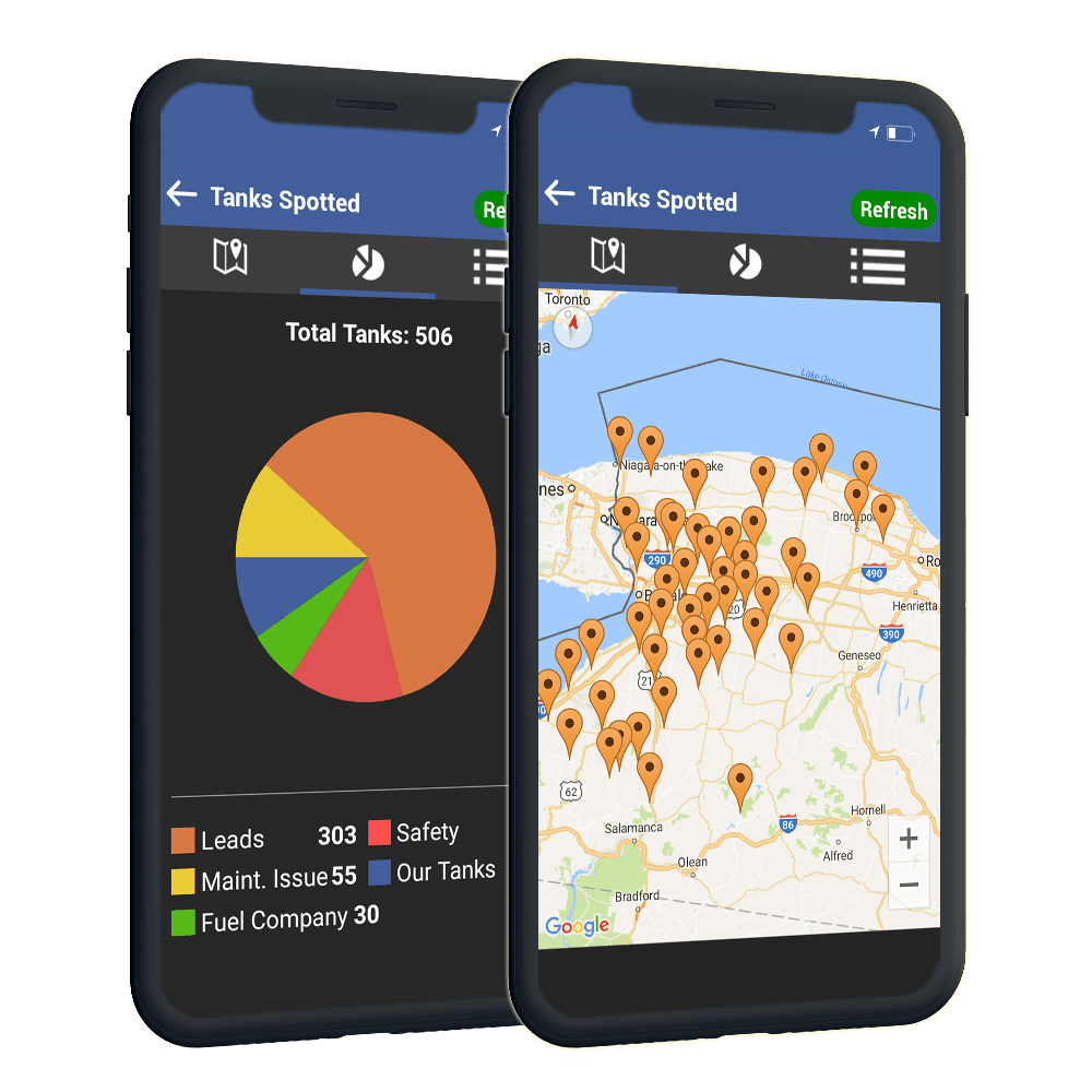 TankSpotter running on smartphones and tablets showing field operations