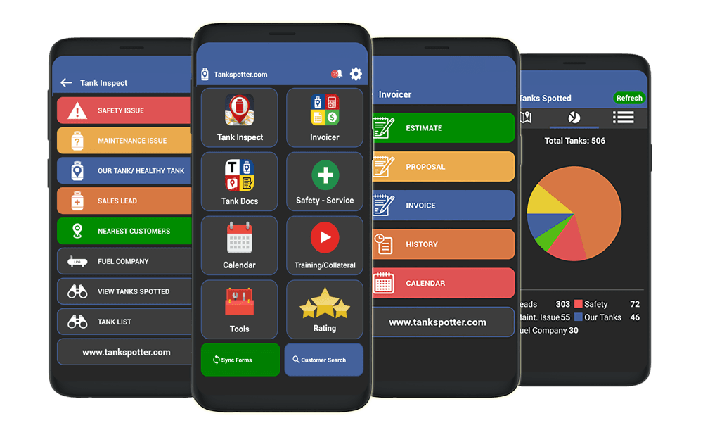 TankSpotter app screenshots showing service tech features