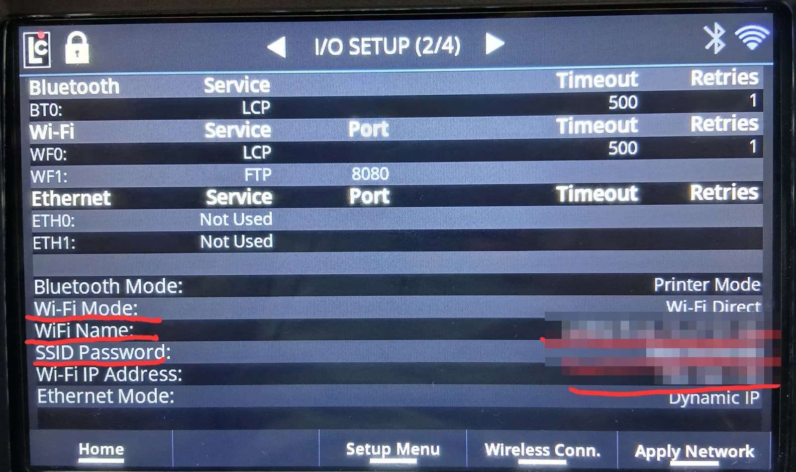LCR:iQ I/O Setup page 2 of 4, with the Wi-Fi name, SSID password and Wi-Fi IP address rows underlined (network name, password and IP hidden)