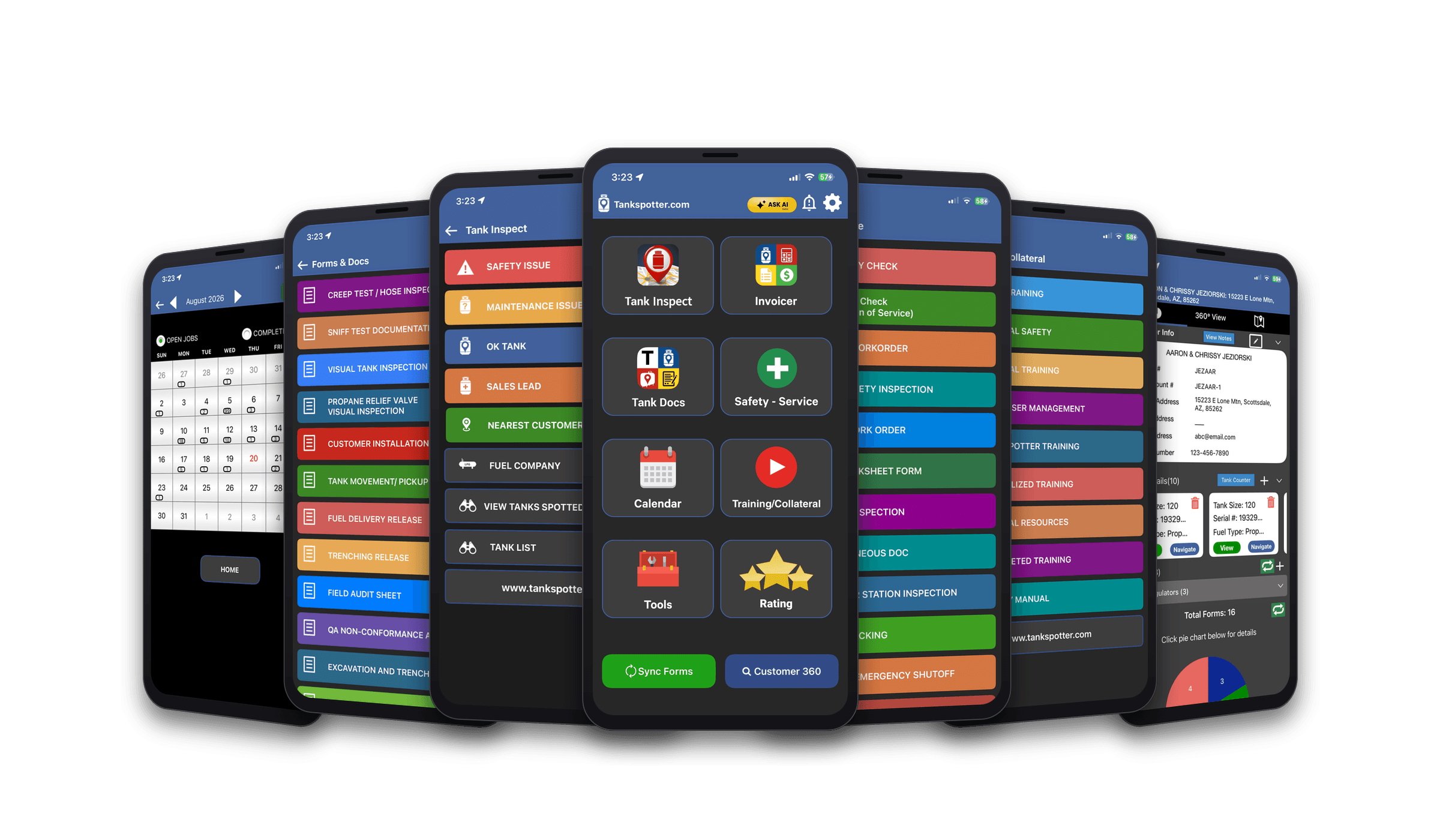 TankSpotter app shown across phone and tablet screens