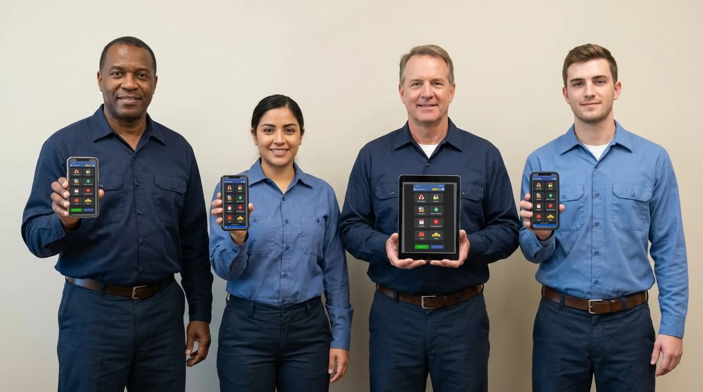 Illustrative crew of four service workers holding three smartphones and one tablet with real Tank Spotter screens