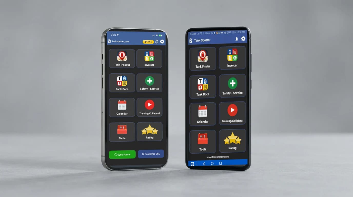 Real Tank Spotter iOS and Android home screens in illustrative modern smartphone frames