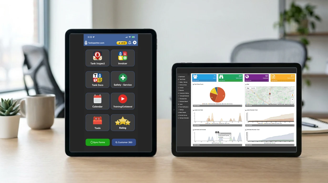 Illustrative iPad-style tablet showing a real iOS app screen, beside an Android-style tablet showing the real Tank Spotter web dashboard
