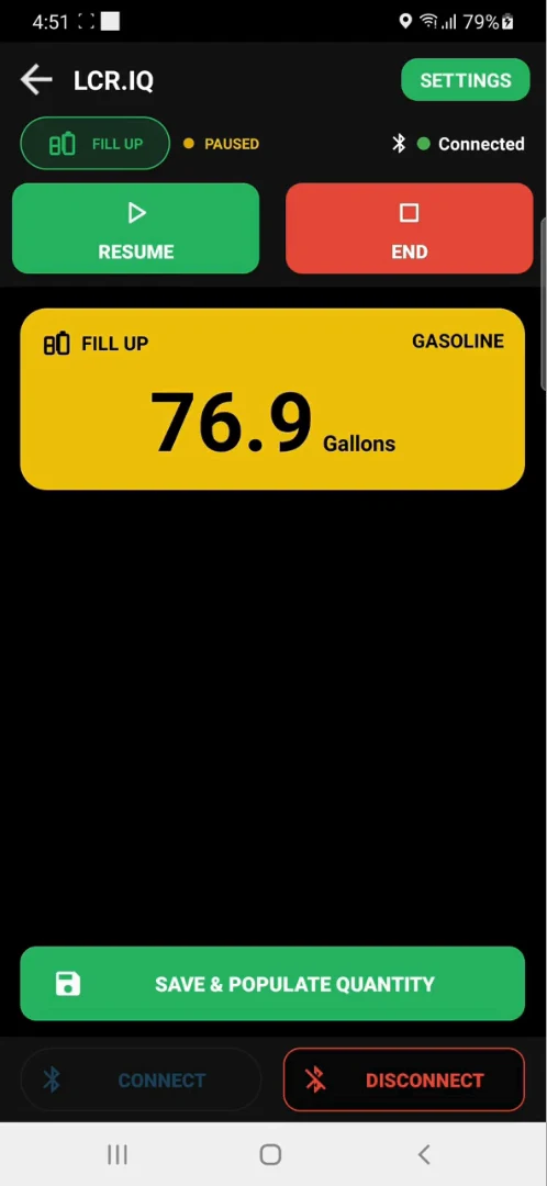The app's LCR.IQ screen: Fill Up, Connected, Resume and End buttons, 76.9 gallons, Save & Populate Quantity, Connect and Disconnect