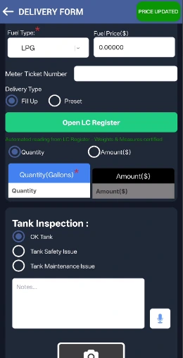 Delivery Form: fuel type, delivery type Fill Up or Preset, the Open LC Register button, and the Quantity field