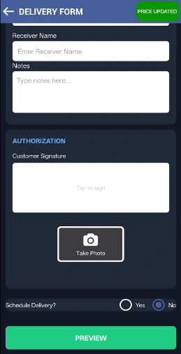 End of the Delivery Form: receiver name, notes, customer signature, photo, and Preview