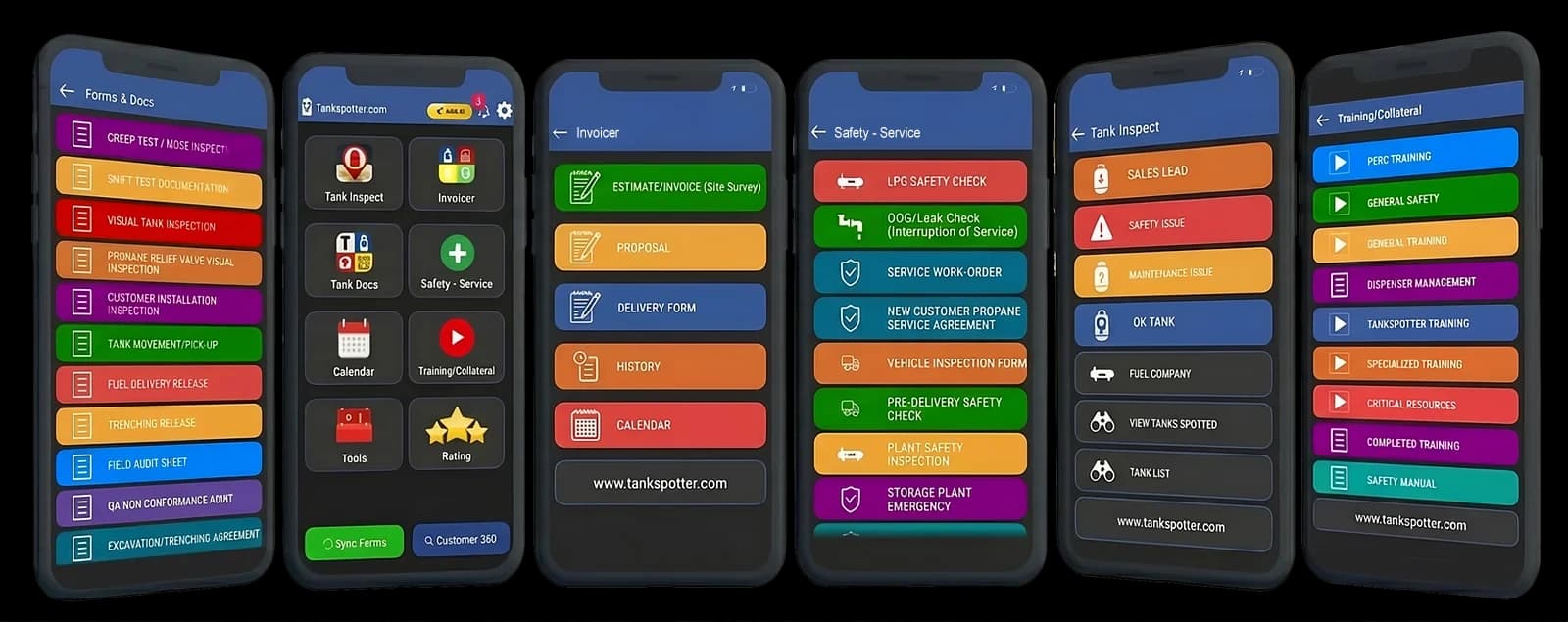 Six real TankSpotter app screens — forms and docs, home menu, invoicer, safety and service, tank inspect, and training
