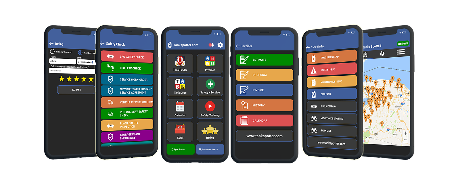 TankSpotter app screens — Safety, Service Tech, Dispatch, Compliance, Training, Asset Management