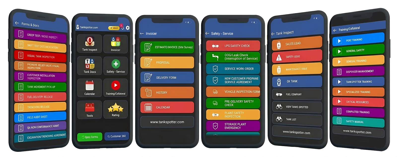 TankSpotter app screens — Safety, Service Tech, Dispatch, Compliance, Training, Asset Management