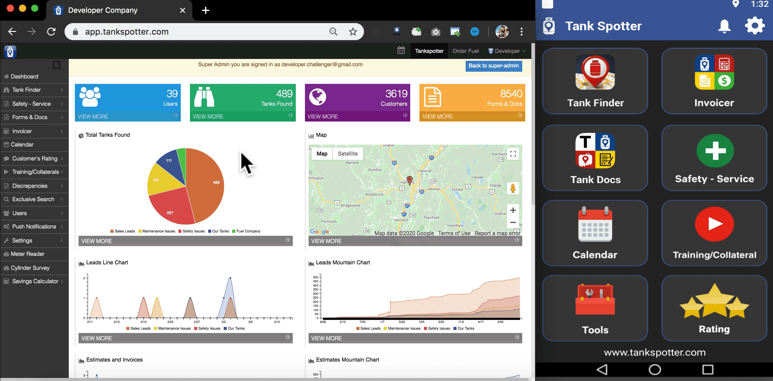 TankSpotter app screens — Safety, Service Tech, Dispatch, Compliance, Training, Asset Management