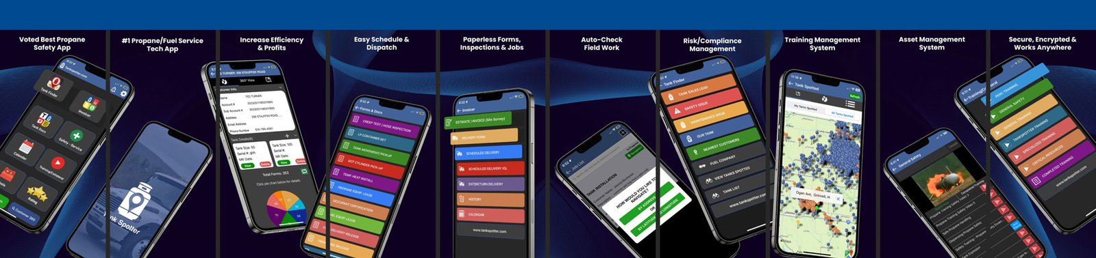 TankSpotter app screens — Safety, Service Tech, Dispatch, Compliance, Training, Asset Management
