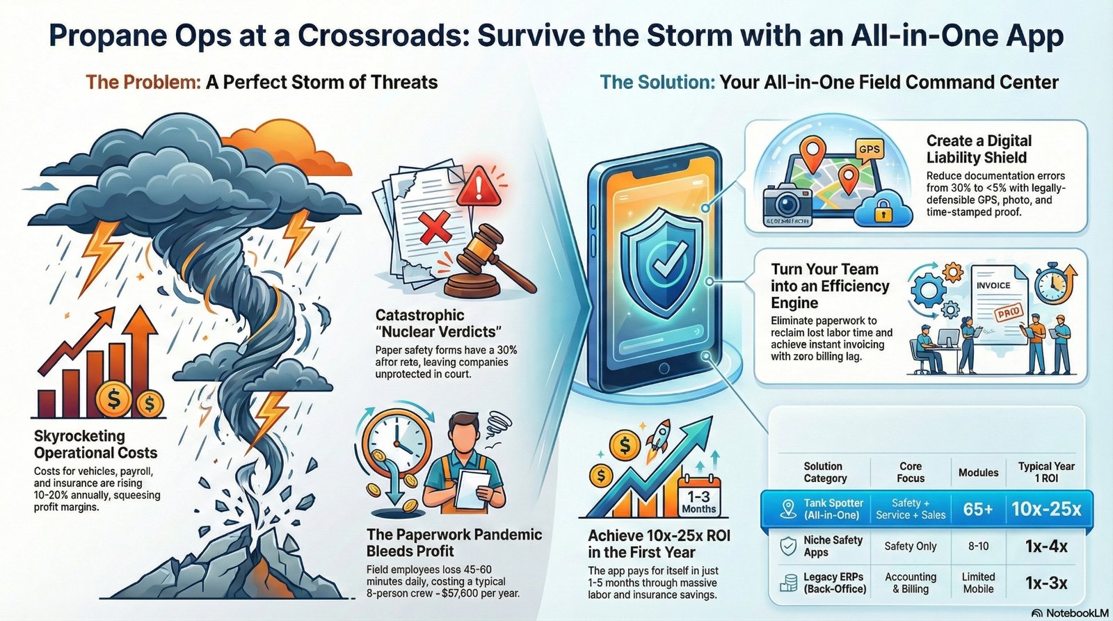 TankSpotter industry overview infographic — problems and solutions for propane companies