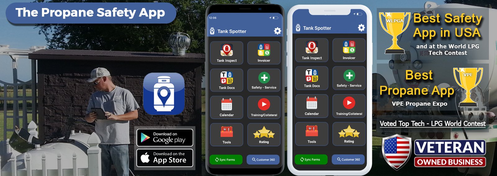 Service technician using TankSpotter on a tablet near a propane tank