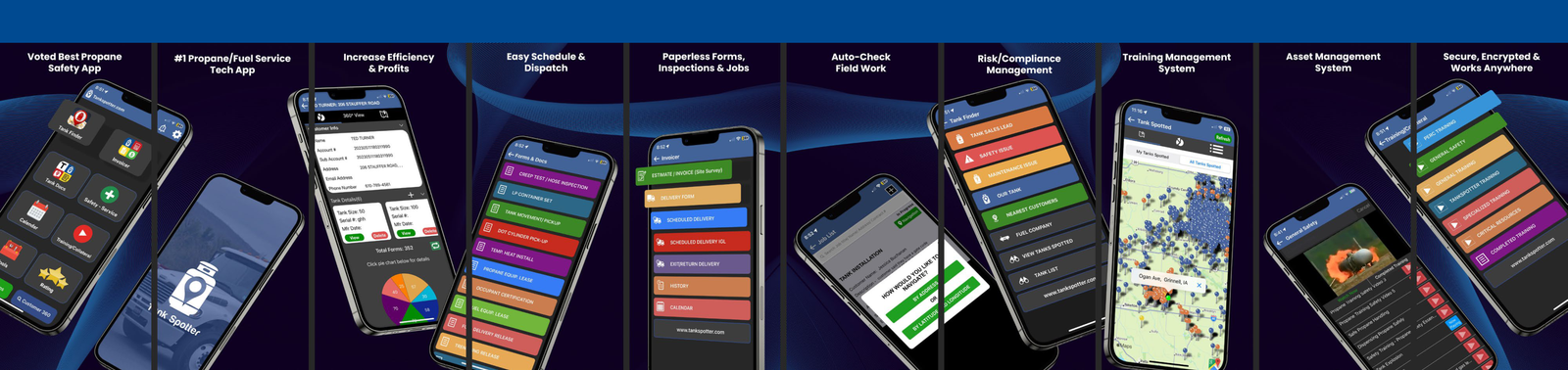TankSpotter safety compliance app screens on smartphones