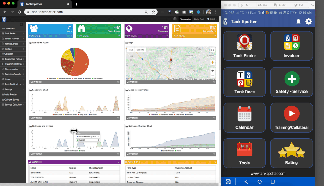 TankSpotter app screens — Safety, Service Tech, Dispatch, Compliance, Training, Asset Management